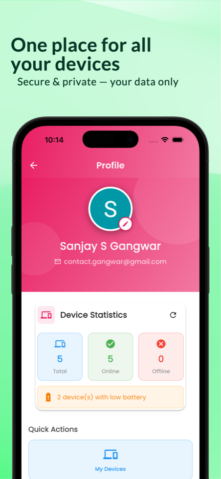 mFamily profile dashboard with total, online, and offline device counts
