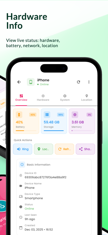 mFamily device status screen showing battery, storage, memory, and location controls