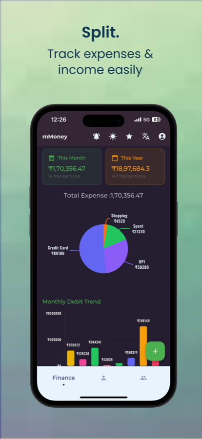 mMoney finance dashboard showing monthly expense totals and spending chart