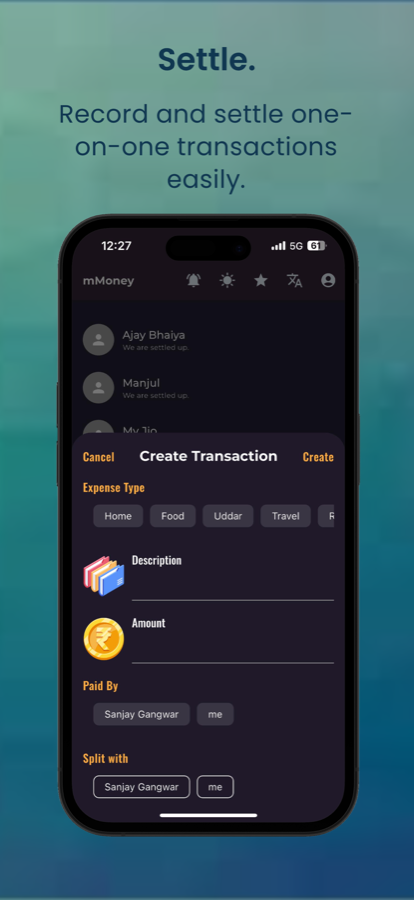 mMoney group expense and bill splitting screen